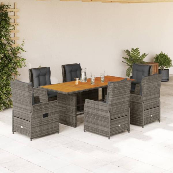 ARDEBO.de - 7-tlg. Garten-Essgruppe mit Kissen Grau Poly Rattan
