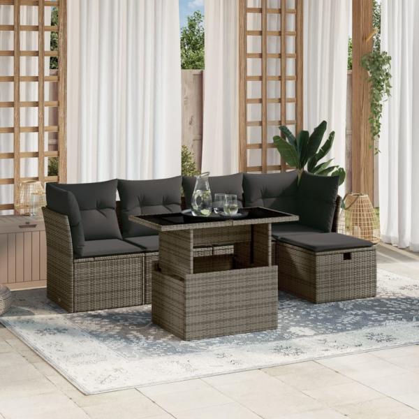 ARDEBO.de - 6-tlg. Garten-Sofagarnitur mit Kissen Grau Poly Rattan
