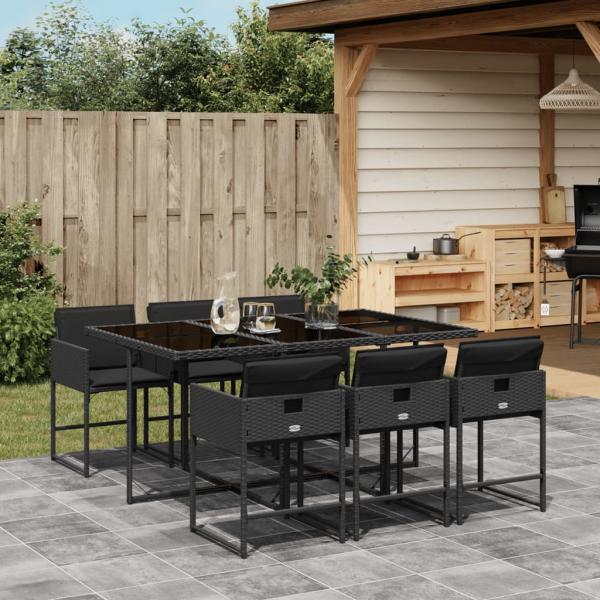 ARDEBO.de - 7-tlg. Garten-Essgruppe mit Kissen Schwarz Poly Rattan