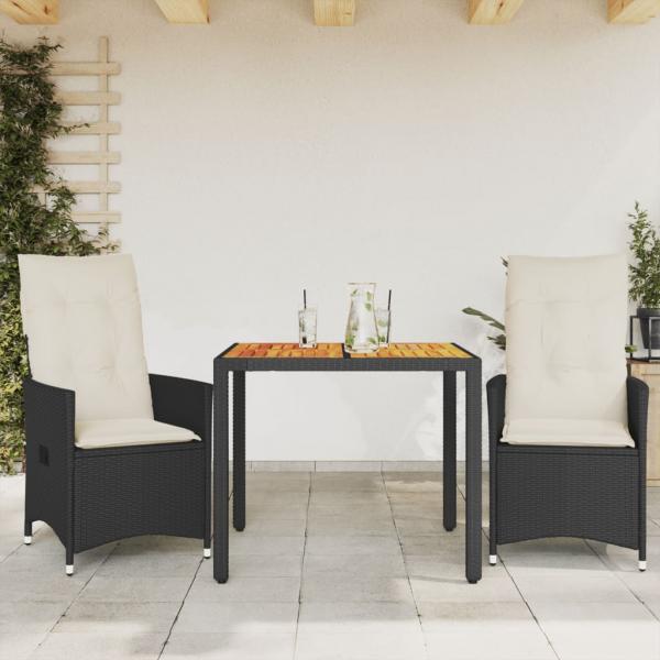 ARDEBO.de - 3-tlg. Bistro-Set mit Kissen Schwarz Poly Rattan und Akazie
