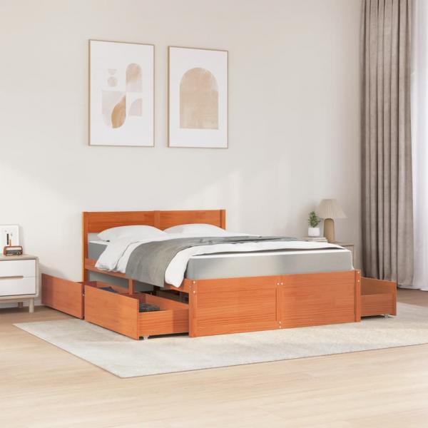 Bett mit Schubladen und Matratze Wachsbraun 120x200 Massivholz