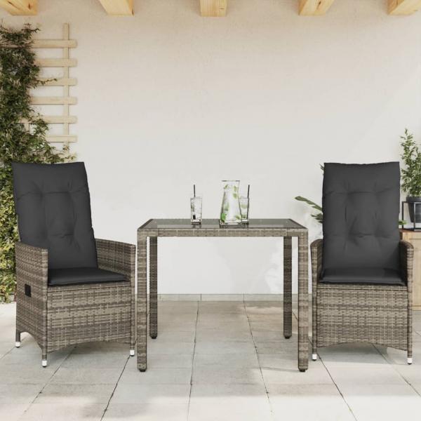 ARDEBO.de - 3-tlg. Bistro-Set mit Kissen Grau Poly Rattan