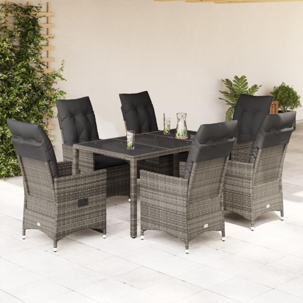 ARDEBO.de - 7-tlg. Garten-Essgruppe mit Kissen Grau Poly Rattan