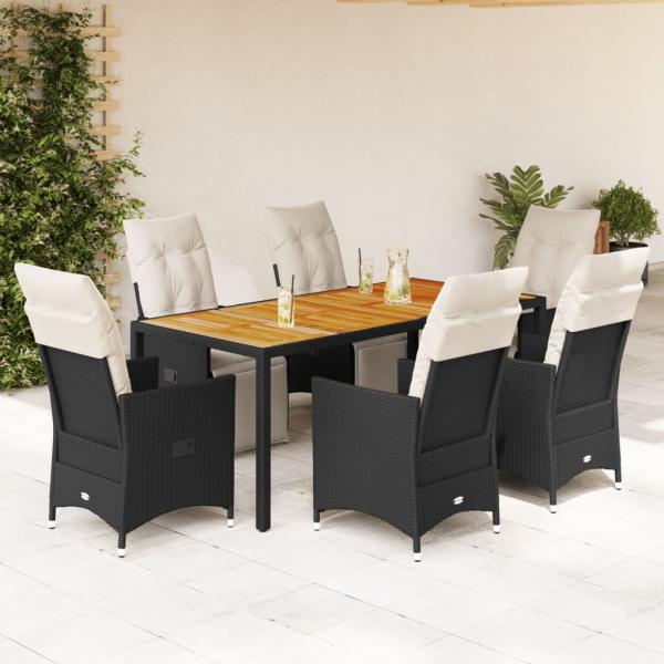 ARDEBO.de - 7-tlg. Garten-Essgruppe mit Kissen Schwarz Poly Rattan