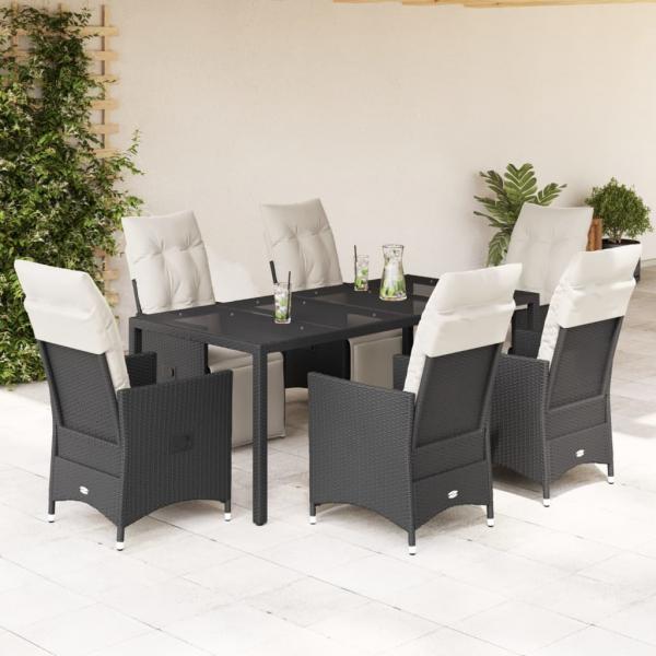 ARDEBO.de - 7-tlg. Garten-Essgruppe mit Kissen Schwarz Poly Rattan