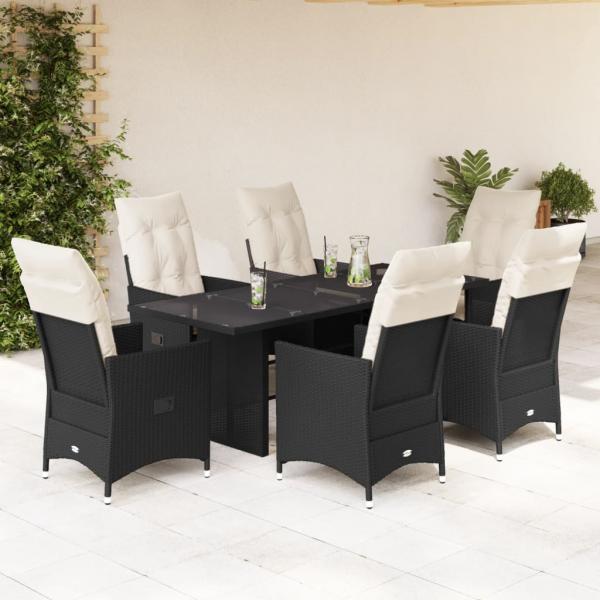 ARDEBO.de - 7-tlg. Garten-Essgruppe mit Kissen Schwarz Poly Rattan