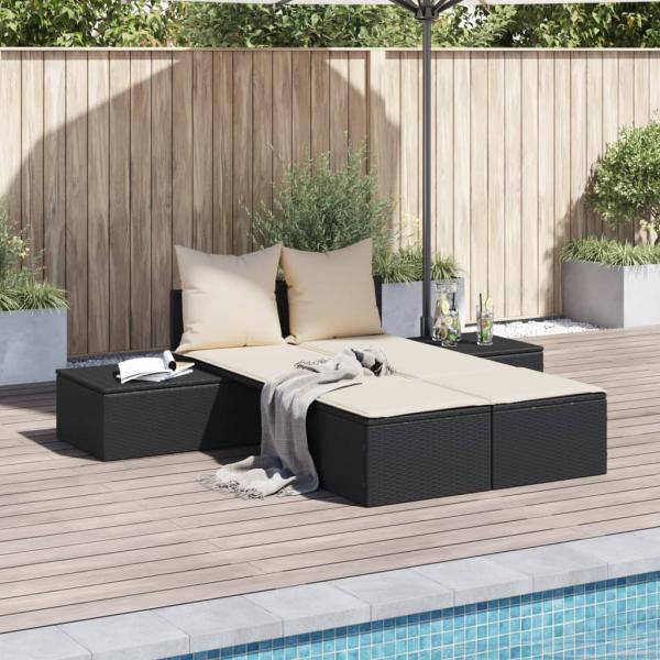 ARDEBO.de - Doppel-Sonnenliege mit Kissen Schwarz Poly Rattan