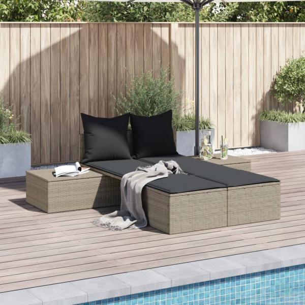 ARDEBO.de - Doppel-Sonnenliege mit Kissen Hellgrau Poly Rattan