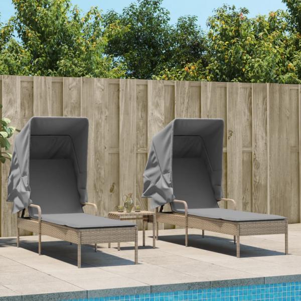 ARDEBO.de - Sonnenliegen 2 Stk. mit Dach und Tisch Beige Poly Rattan