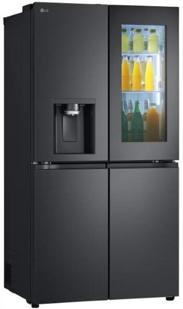 LG GMG960EVJE Stand Side-by-Side Kombination, 91,4 cm breit, 638 L, Total No Frost, Eis-, Crushed Ice- und Wasserspender, ThinQ (WLAN), Festwasseranschluss, Essence Black Steel
