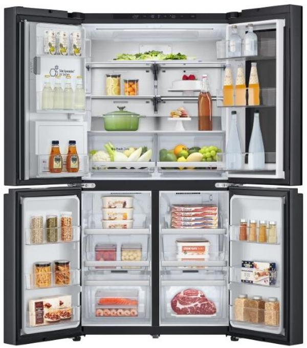 LG GMG960EVJE Stand Side-by-Side Kombination, 91,4 cm breit, 638 L, Total No Frost, Eis-, Crushed Ice- und Wasserspender, ThinQ (WLAN), Festwasseranschluss, Essence Black Steel