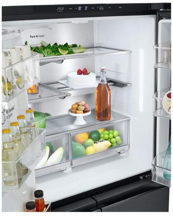 LG GMG960EVJE Stand Side-by-Side Kombination, 91,4 cm breit, 638 L, Total No Frost, Eis-, Crushed Ice- und Wasserspender, ThinQ (WLAN), Festwasseranschluss, Essence Black Steel
