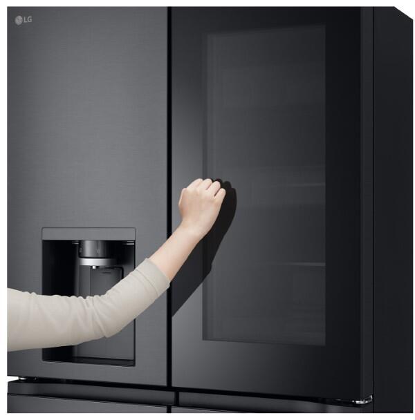 LG GMG960EVJE Stand Side-by-Side Kombination, 91,4 cm breit, 638 L, Total No Frost, Eis-, Crushed Ice- und Wasserspender, ThinQ (WLAN), Festwasseranschluss, Essence Black Steel