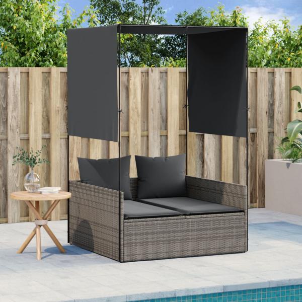 ARDEBO.de - Doppel-Sonnenliege mit Dach und Vorhängen Grau Poly Rattan