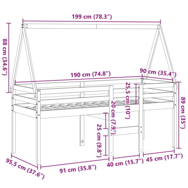 Hochbett mit Dach Wachsbraun 90x190 cm Massivholz Kiefer