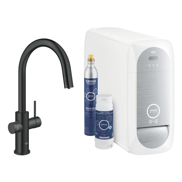 ARDEBO.de GROHE Blue Home Starter Kit, C-Auslauf, herausziehbarer Mousseurauslauf, bis 150° schwenkbar, velvet black (31541KS0)