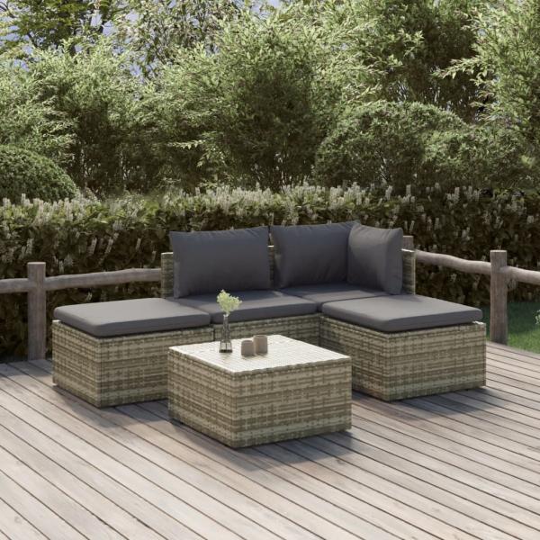 ARDEBO.de - 5-tlg. Garten-Lounge-Set mit Kissen Grau Poly Rattan