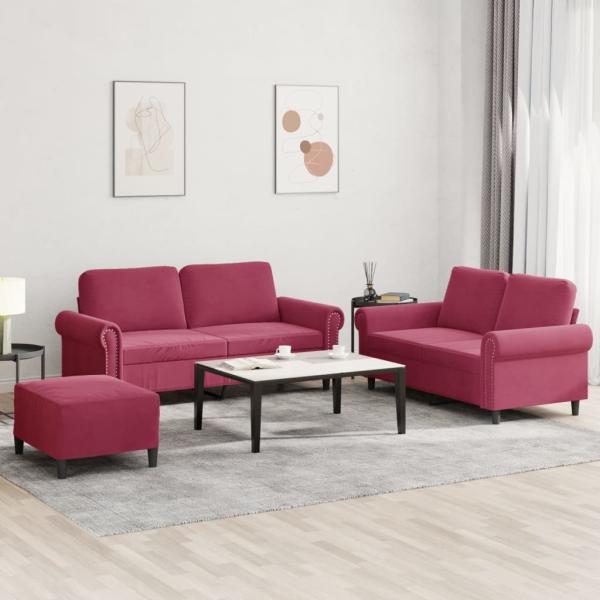 ARDEBO.de - 3-tlg. Sofagarnitur mit Kissen Weinrot Samt