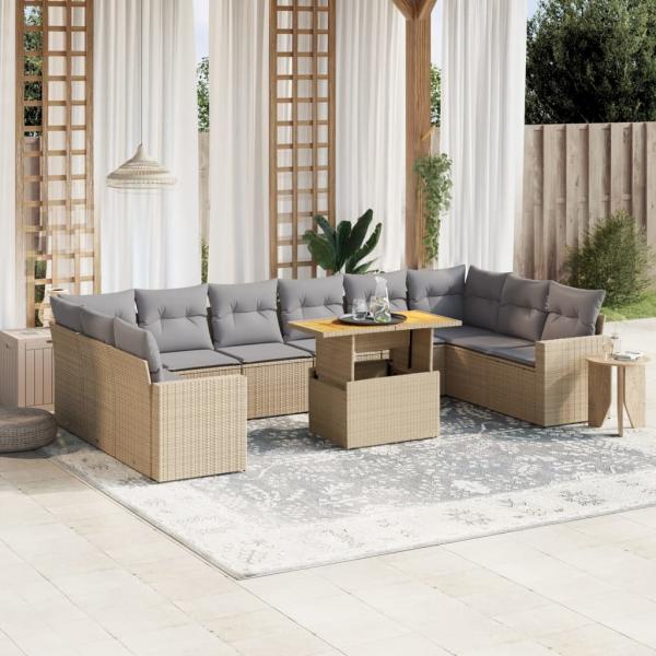 ARDEBO.de - 11-tlg. Garten-Sofagarnitur mit Kissen Beige Poly Rattan