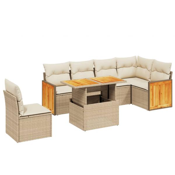 7-tlg. Garten-Sofagarnitur mit Kissen Beige Poly Rattan