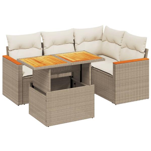 5-tlg. Garten-Sofagarnitur mit Kissen Beige Poly Rattan
