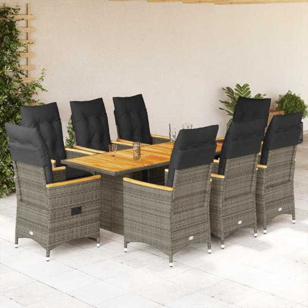ARDEBO.de - 9-tlg. Garten-Essgruppe mit Kissen Grau Poly Rattan