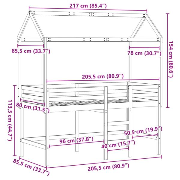 Hochbett mit Leiter und Dach 80x200 cm Massivholz Kiefer