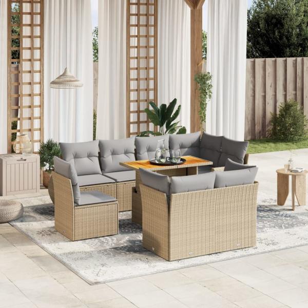 ARDEBO.de - 9-tlg. Garten-Sofagarnitur mit Kissen Beige Poly Rattan