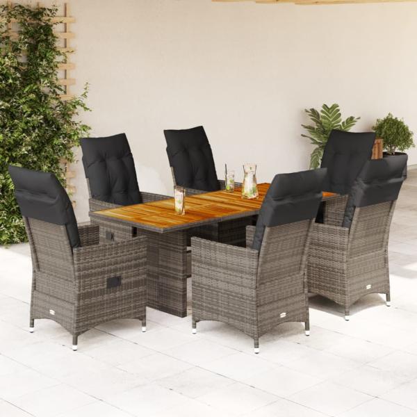 ARDEBO.de - 7-tlg. Garten-Essgruppe mit Kissen Grau Poly Rattan
