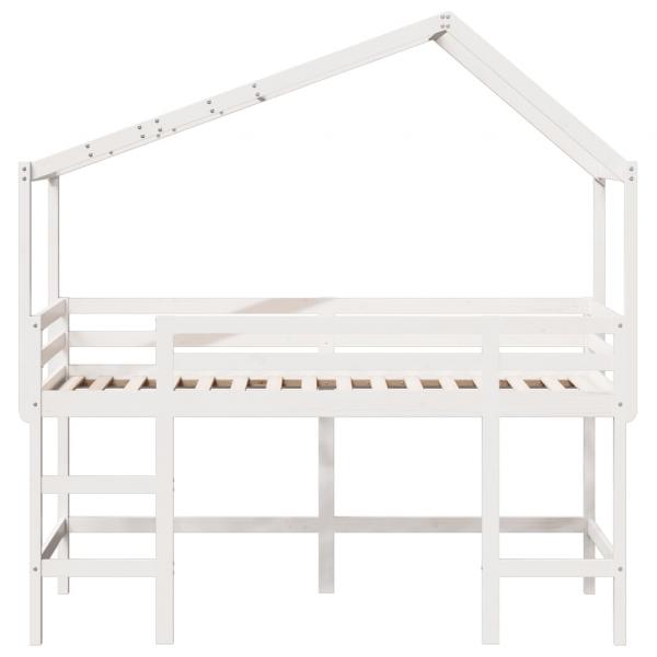 Hochbett mit Leiter und Dach Weiß 90x190 cm Massivholz Kiefer