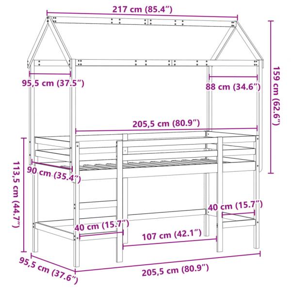 Hochbett mit Leiter und Dach Weiß 90x200 cm Massivholz Kiefer