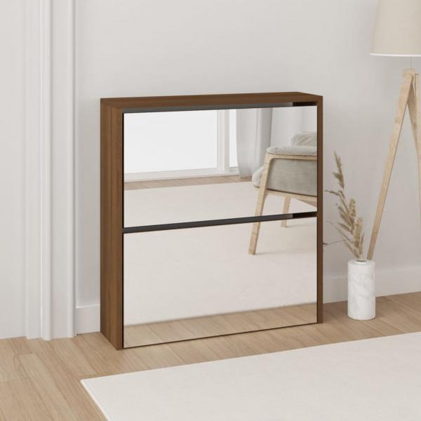 ARDEBO.de - Schuhschrank mit Spiegel 2 Fächer Braun Eichen-Optik 63x17x67cm