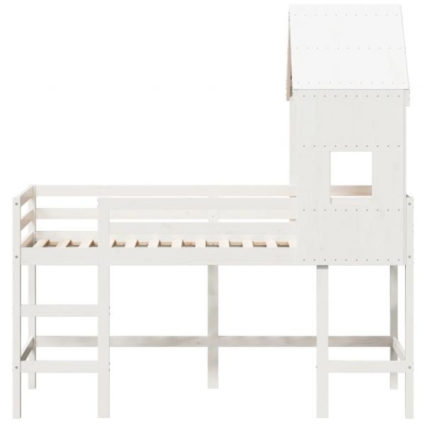 Hochbett mit Leiter und Dach Weiß 80x200 cm Massivholz Kiefer