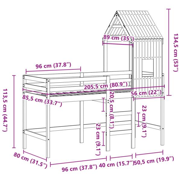 Hochbett mit Leiter und Dach 80x200 cm Massivholz Kiefer