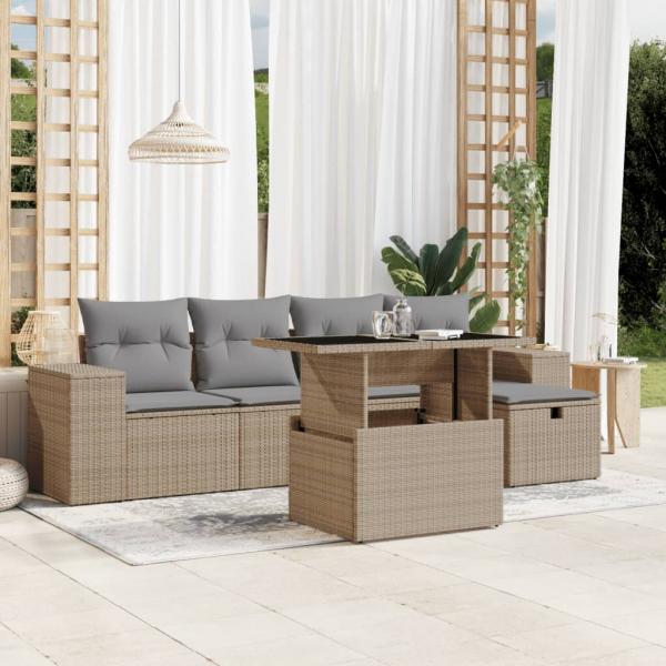 ARDEBO.de - 6-tlg. Garten-Sofagarnitur mit Kissen Beige Poly Rattan