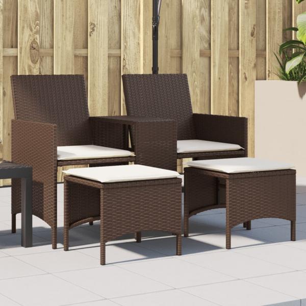 ARDEBO.de - Gartensofa 2-Sitzer mit Tisch und Hockern Braun Poly Rattan