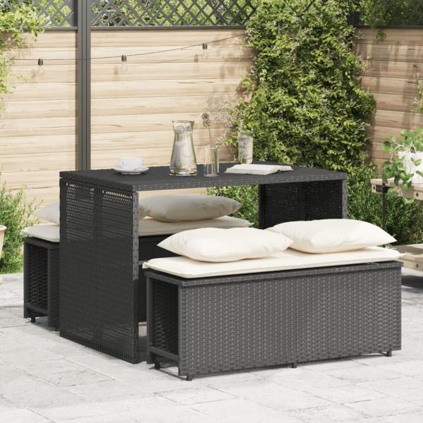 ARDEBO.de - 3-tlg. Garten-Essgruppe mit Kissen Schwarz Poly Rattan