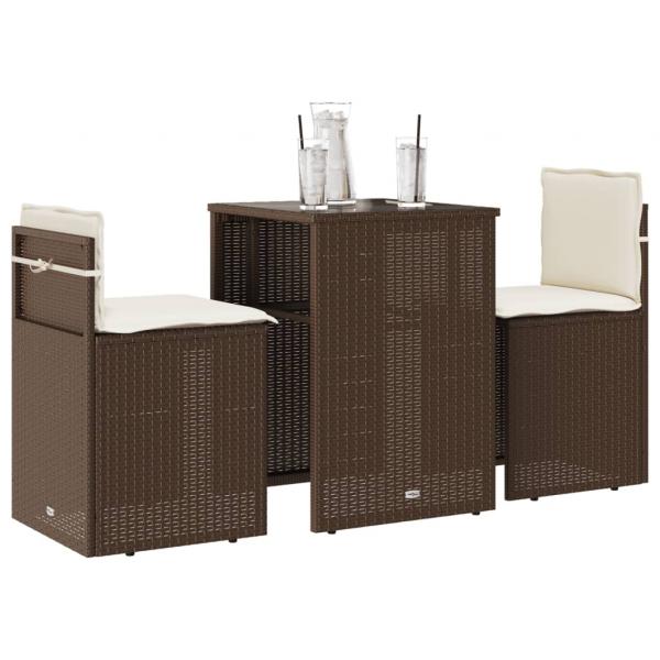 ARDEBO.de - 3-tlg. Bistro-Set mit Kissen Braun Poly Rattan