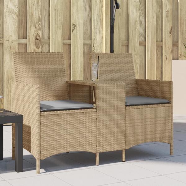 ARDEBO.de - Gartensofa 2-Sitzer mit Tisch und Kissen Beige Poly Rattan