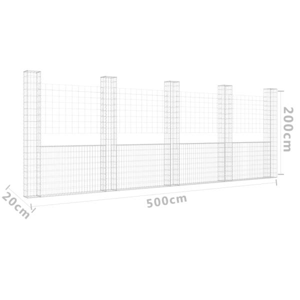 Gabionenkorb U-Form mit 5 Säulen Eisen 500x20x200 cm