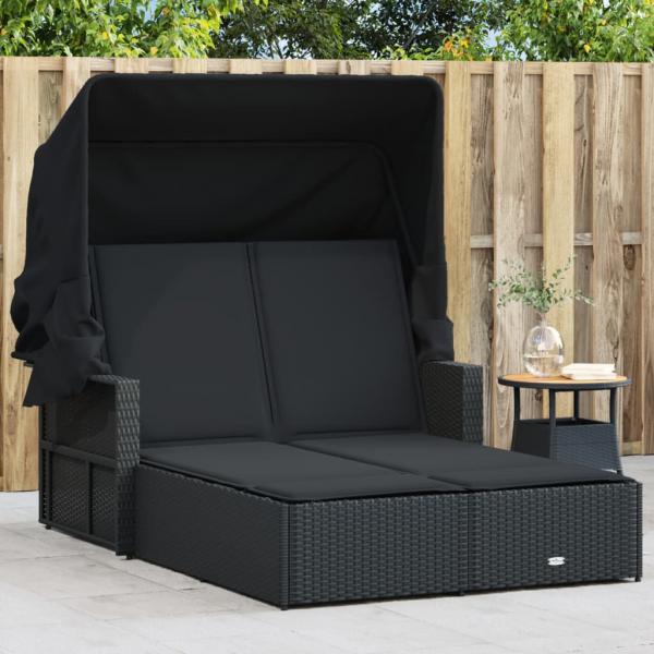 ARDEBO.de - Doppel-Sonnenliege mit Dach und Auflagen Schwarz Poly Rattan