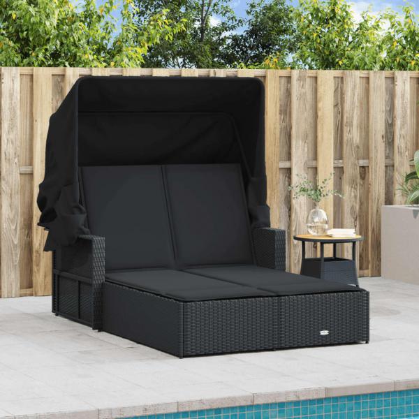 Doppel-Sonnenliege mit Dach und Auflagen Schwarz Poly Rattan *ANGEBOT*