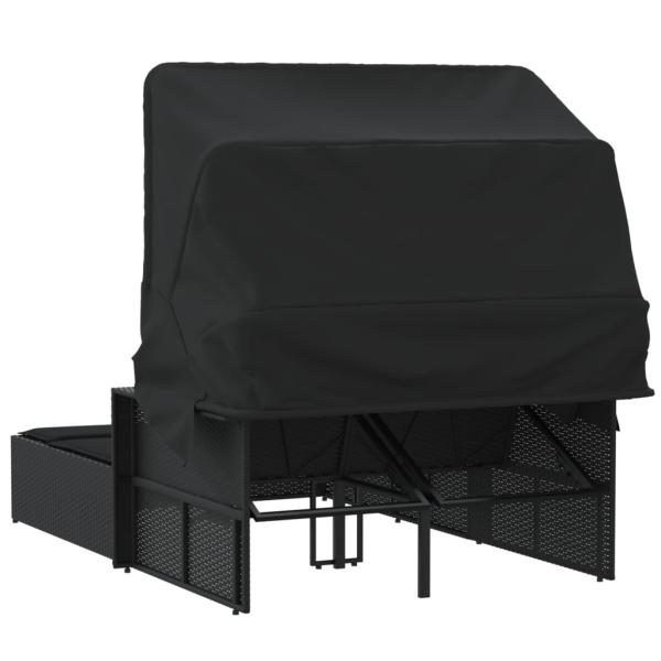 Doppel-Sonnenliege mit Dach und Auflagen Schwarz Poly Rattan *ANGEBOT*