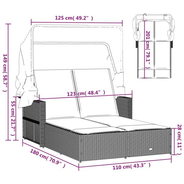 Doppel-Sonnenliege mit Dach und Auflagen Schwarz Poly Rattan *ANGEBOT*
