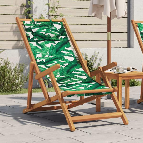 ARDEBO.de - Strandstuhl Klappbar Blattmuster Massivholz Eukalyptus Stoff