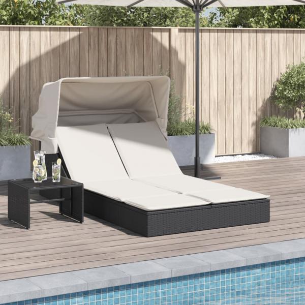 ARDEBO.de - Doppel-Sonnenliege mit Dach und Auflagen Schwarz Poly Rattan