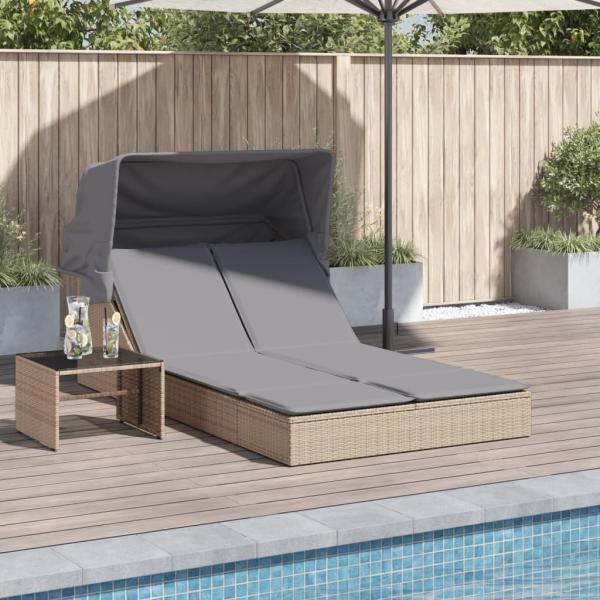 ARDEBO.de - Doppel-Sonnenliege mit Dach und Auflagen Beige Poly Rattan