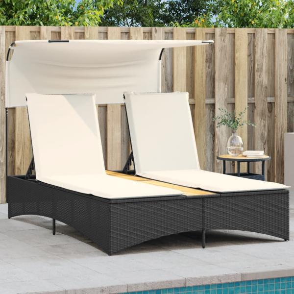 ARDEBO.de - Doppel-Sonnenliege mit Dach und Auflagen Schwarz Poly Rattan