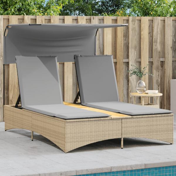 ARDEBO.de - Doppel-Sonnenliege mit Dach und Auflagen Beige Poly Rattan