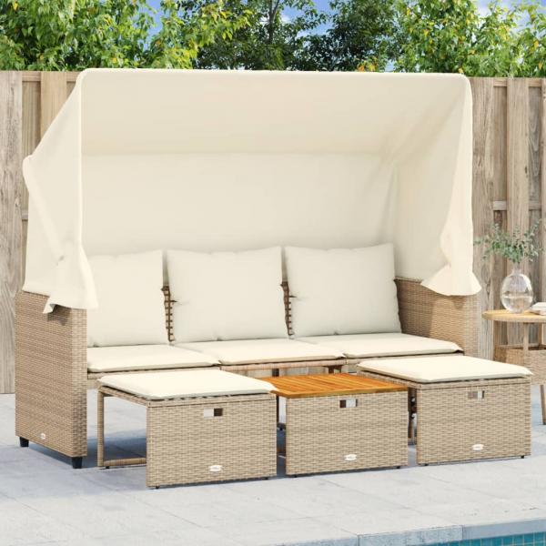 ARDEBO.de - Outdoor-Sofa 3-Sitzer mit Dach und Hockern Beige Poly Rattan